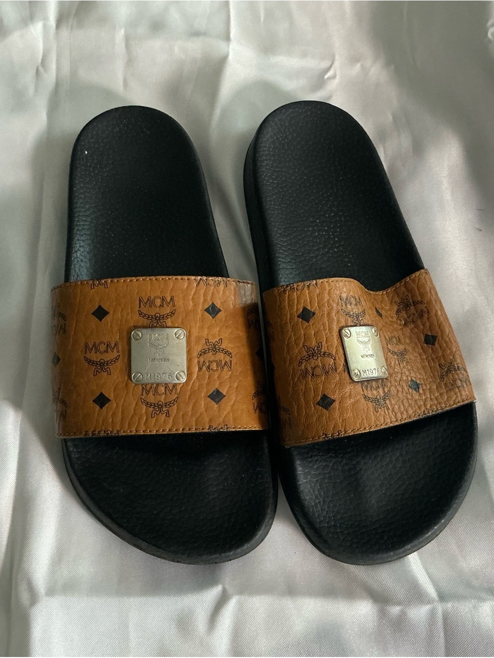 MCM Brown Logo Plaque Slide Sandals with Black Footbed